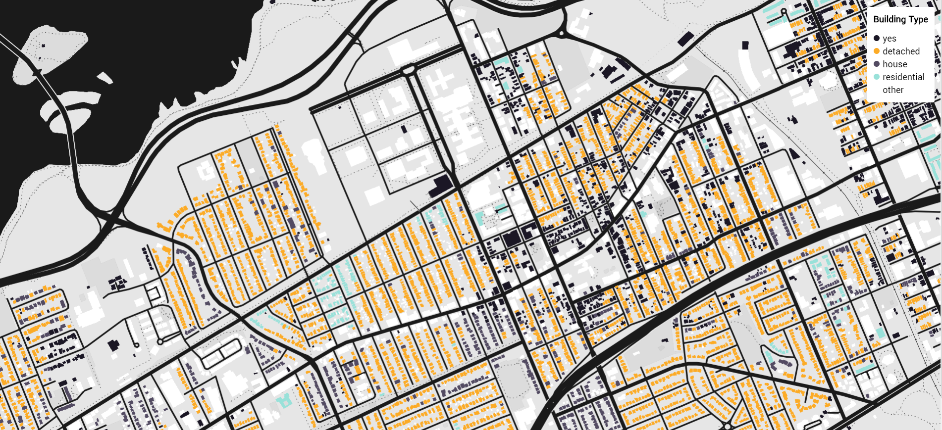 Image of the building footprints in Ottawa, Canada, collected from OpenStreetMap