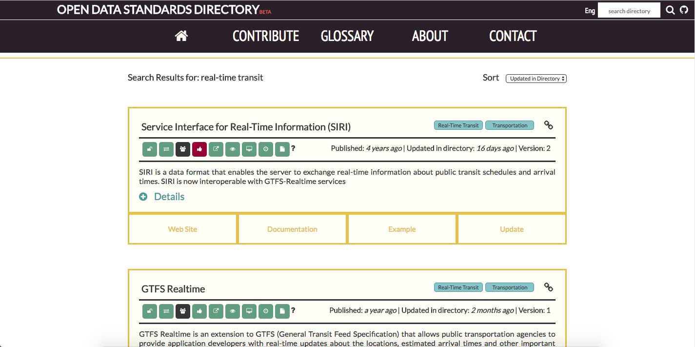 Image demo of the Open Data Standards Directory Search web page